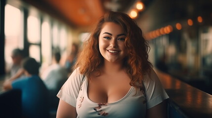 Portrait of a beautiful chubby young woman drinking a cup of coffee in a cafe or canteen. A plus-size young plump lady with an curly hairstyle is stylishly dressed sitting in a cafe. Generative ai - obrazy, fototapety, plakaty