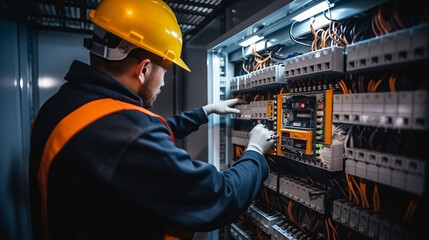 electrician at the factory installs new equipment in the main distribution board of cables, legal AI