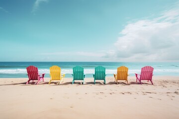 Bright beach with colorful chairs on sandy ocean beach