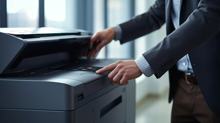 businessman launches laser printer to start work, legal AI - obrazy, fototapety, plakaty