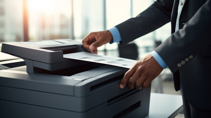 businessman in the office copy important documents using a modern laser color printer, legal AI - obrazy, fototapety, plakaty