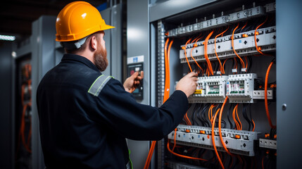 electrical engineer checks the voltage of the electric current at the terminal and the switch in the main distribution board of the cable wiring, legal AI - obrazy, fototapety, plakaty