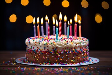 Celebration birthday cake with colorful sprinkles on the background