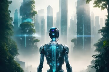 Illustration The back of a smart AI robot stands in the middle of a forest and a big city.Generative AI