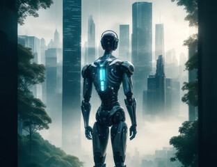 Fototapeta premium Illustration The back of a smart AI robot stands in the middle of a forest and a big city.Generative AI