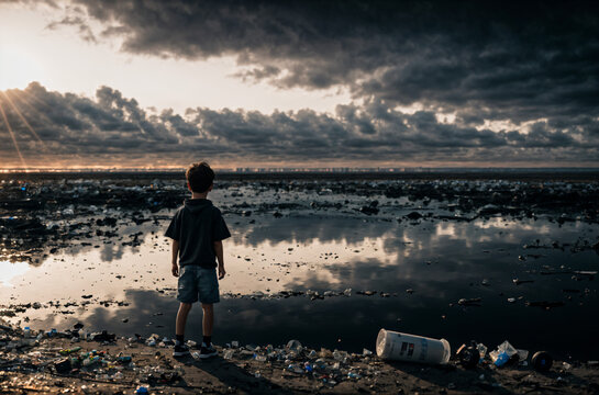 Youth Amidst Neglect: Powerful Image of Boy on Polluted Coast