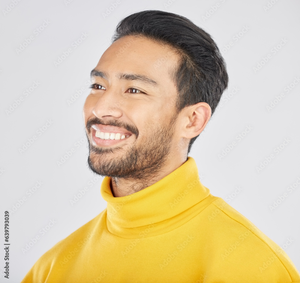Aufkleber man, smile and thinking with future and dream, inspiration and memory isolated on white background. 