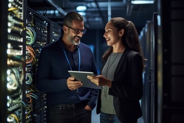 Male IT Specialist Holds Laptop and Discusses Work with colleague at the Data centre server room