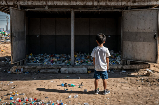Urban Waste Challenge: Boy Contemplating Landfill Scourge 