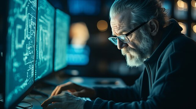 Focused older man in glasses working on computer. Blue reflection on his glasses and everywhere - Powered by Adobe
