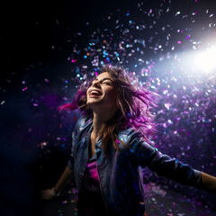 Young active fashion style woman is enjoying a big evening concert event or a party with confetti. Dancing in the nightclub. Happiness, emotional.