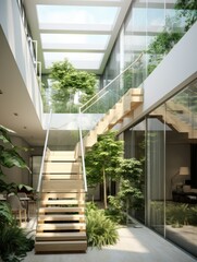 Glass courtyard with greenery in modern house. Home interior design with staircase