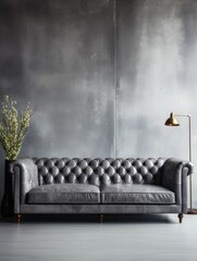 Gray leather tufted sofa against concrete tile wall. Luxury interior design of modern living room