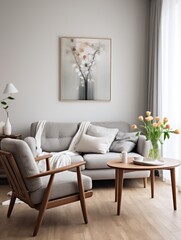 Gray sofa and armchair near wooden coffee table in cozy apartment. Interior design of modern scandinavian living room
