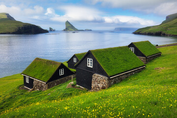 Bour village in Faroe islands - Ocean and mountain landscape