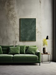 Green velvet sofa near concrete wall with stone poster. Interior design of modern living room