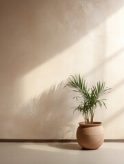  Interior background of living room with stucco wall and pot with plant