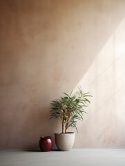Interior background of living room with stucco wall and pot with plant.