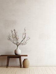 Interior background of living room with stucco wall. Vase with twig on decorative accent coffee table. Empty mock up wall and wooden flooring, pendant light