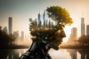 Illustration double exposure human head with forest and big city cover movie poster style.Generative AI © 2D_Jungle