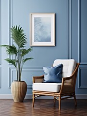 Interior design of living room with blue armchair. Rattan furniture in room with paneling wall. Farmhouse or boho style interior.Poster frame on the wall