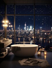  Interior design of modern bathroom at night with city view