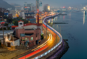 The night view of the Tongyeong Canal from Chungmu bridge in Tongyeong, Gyeongsangnam-do, Korea.