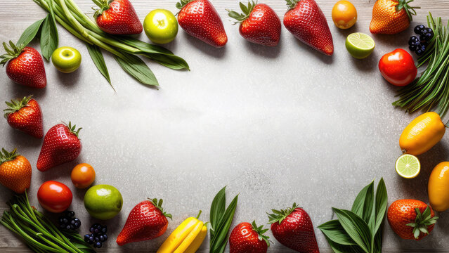 Blank board background surrounded by fresh vegetables and fruits for input text