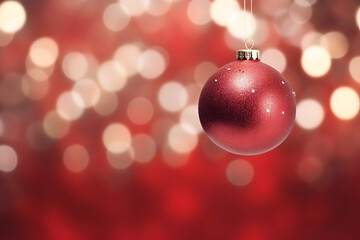 Fototapeta na wymiar Christmas background with red ball. blurry abstract bokeh with copy space.