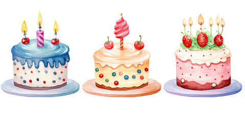 Watercolor hand drawn illustration with set of cute colorful cakes on transarent background