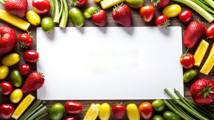 Blank board background surrounded by fresh vegetables and fruits for input text