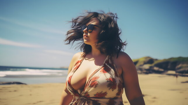 beautiful plus size woman at beach in sunshine wearing low cut floral bikini dress in wind