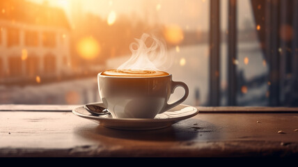 Obraz premium love for Viennese coffee, the shape of a heart in a cup of hot drink in a restaurant on a blurry background