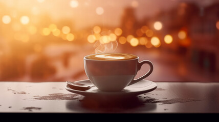 Fototapeta premium love for Viennese coffee, the shape of a heart in a cup of hot drink in a restaurant on a blurry background