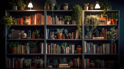 A contemporary-style bookshelf adorned with plants that serves as a modern decorative element for virtual office backdrops, studio backgrounds, or can be printed in a large format to enhance a back.