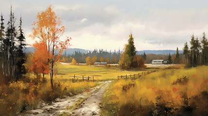 an oil painting of a rustic landscape in the autumn season a view of yellow trees a field and a road in the October calendar