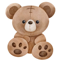 Teddy bear on a white background. watercolor illustration for little boy or girl in pastel beige colors. Cute animal for kid. Character for childish greeting cards or invitations.