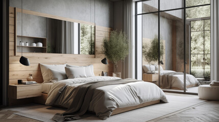A contemporary bedroom that is bright, featuring mirrors in its interior design.
