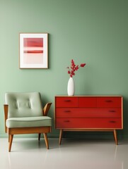  Interior of modern living room with sideboard over green wall. Contemporary room with dresser and red armchair