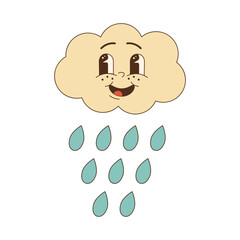 Cute groovy cloud with drops. Retro 70s 60s cartoon character. Colorful contour vector illustration.