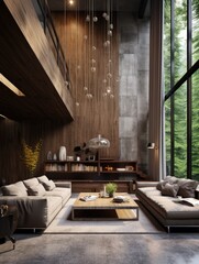 Loft interior design of modern living room in villa. Wooden paneling and concrete walls