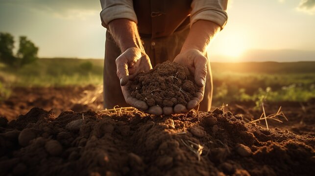 Agriculture. Soil in the hands of farmers. The land closes the hands of the peat mud farmer. garden nature fertile soil ecology