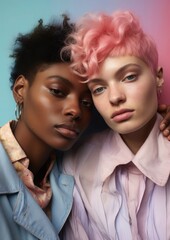 Obraz premium Portrait of a couple of non-binary people on a colorful background