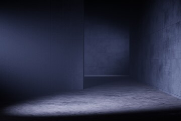 Interior dark room, hangar with concentrate wall and floor, fog and mist environment. 3d render. 
