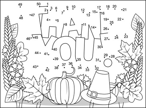 Thanksgiving Day holiday themed dot-to-dot, or connect the dots, else join the dots, picture puzzle and coloring page wth "Thank you!" hidden message
