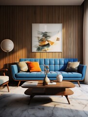 Mid-century interior design of modern living room with blue sofa