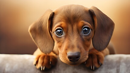 adorable brown dachshund puppy with paws up on fence