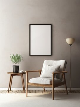 Mock up poster frames and wooden armchair. Interior design of modern living room