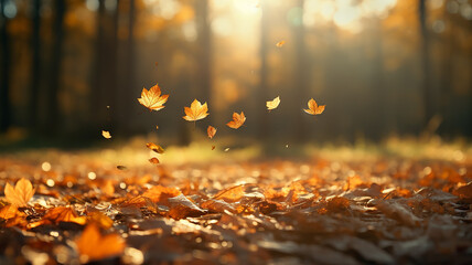 leaf fall in the autumn park in the sunlight, dry yellow leaves fly in the landscape of warm October - Powered by Adobe