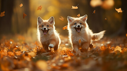 a cute fox runs in leaf fall through autumn leaves a view of wild nature the joy of change, a dynamic scene of flying leaves